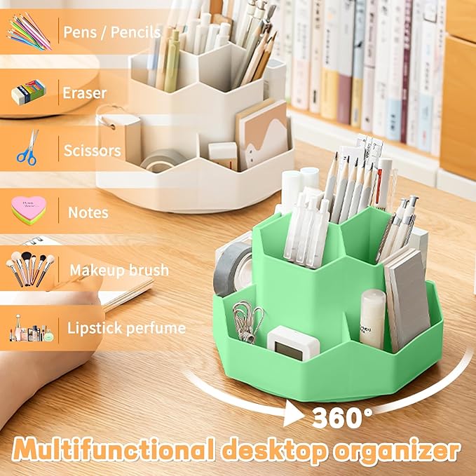 Pencil Pen Holder for Desk,9 Slots 360 Degree Rotating Desk Organizers,Desktop Storage Stationery Supplies Organizer, Cute Pencil Cup Pot For Office, School, Home(Green)