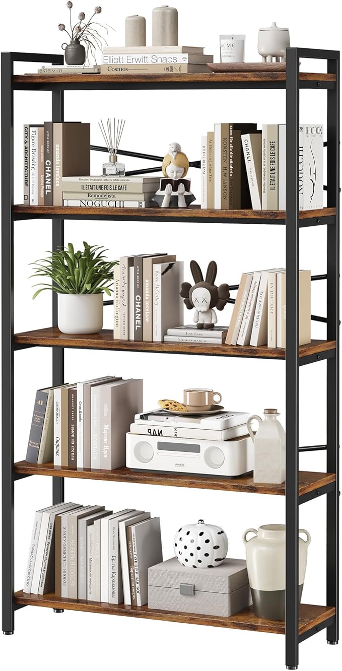 5 Tier Bookshelf 31.49" Width, Book Organizers and Storage, Wood and Metal Tall Bookcase, Rustic Book Shelf Organization and Storage for Home Living Room Bedroom Office Storage(Rustic Brown)