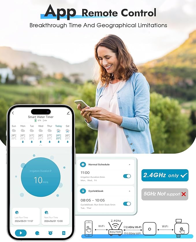 WiFi Sprinkler Timer, WiFi Water Timer for Garden, Smart Hose Timers with Hub Support 2.4GHz, App/Voice Control Work with Alexa & Google Assistant, Rain Delay & Manual Watering,for Yard Lawn Plant