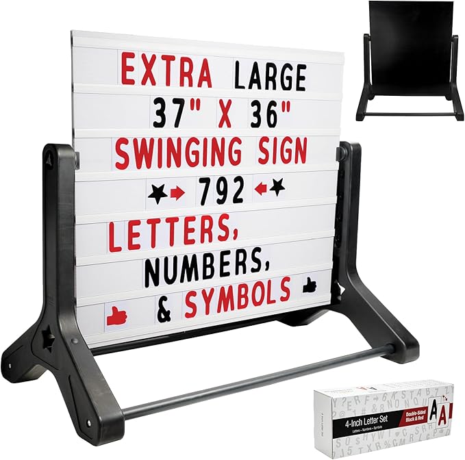 Excello Global Products Swinging Changable Message Sidewalk Sign: 37" x 36" Sign with 792 Pre-Cut Double Sided Letters and Storage Box. Includes Black Sign Board & 4 Liquid Chalkboard & Letter Board