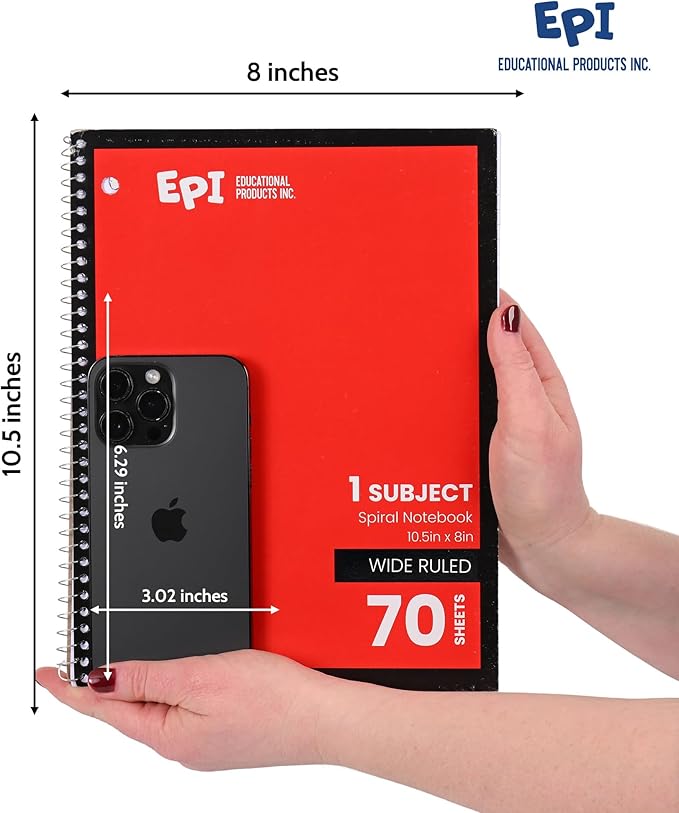 EPI Spiral Notebook | Wide - 70 Sheets, Durable Spiral Binding | 10.5 x 8 in | Classroom Supplies | School, Office, Note Taking, Journaling - 3 Pack