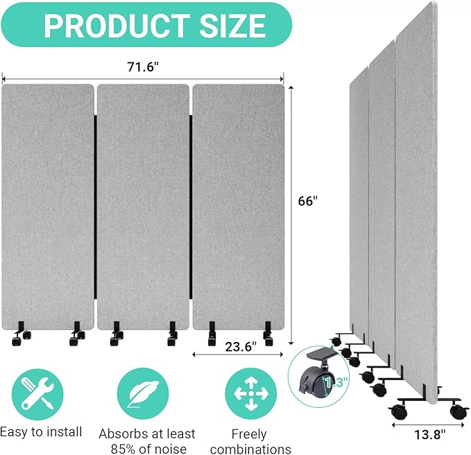 Soundproof Room Divider W/Wheels, 66in Office Dividers for Sound Proofing & Reducing, Sound Proof Dividers for Office Partitions Portable Acoustic Wall Divider (Cool Grey, 3 Panel+3 Panel)