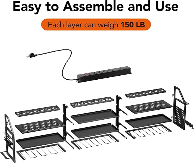YFFSRJDJ Extra Large Power Tool Organizer Wall Mount with Charging Station, 12 Drill Holders Heavy Duty with 8-Outlet Power Strip, Garage Cordless Drill Storage and Organization, Battery Utility Rack