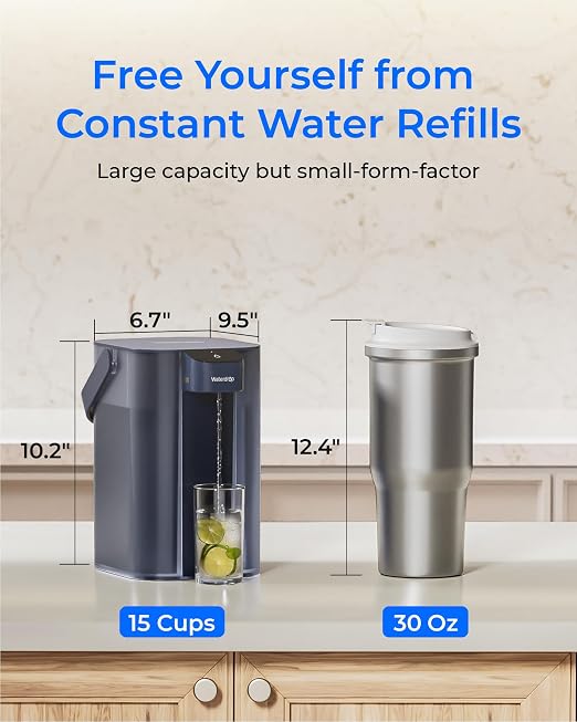 Waterdrop ED61B Rechargeable Water Filter Dispenser, 15-Cup, Blue | 200-Gallon Water Pitcher, Instant Countertop System, 10X Filtration Efficiency, Reduces 98% Chlorine and 20+ Contaminants