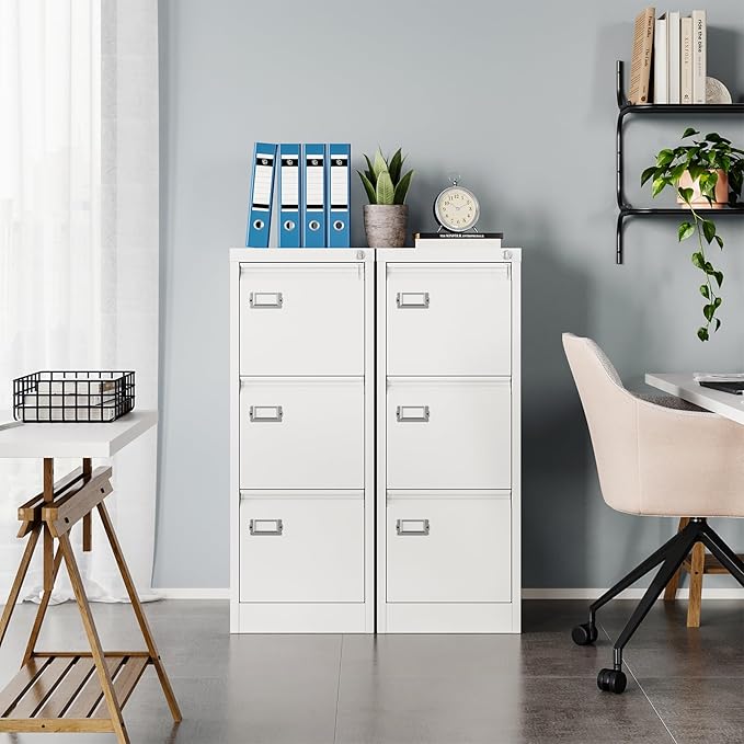 MIIIKO 3 Drawer File Cabinet, White Vertical Filing Cabinets with Lock, Home Office File Folders Storage Cabinet for Letter Legal A4 File Size