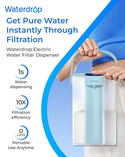 Waterdrop ED01LB Electric Water Filter Pitcher, 15-Cup Capacity, Light Blue | NSF/ANSI 42&53&401&372, Reduce 99.6% of Lead and 45+ Impurities, Rechargeable Instant Dispenser, Does not Lower TDS