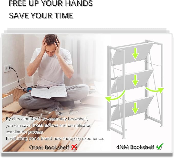 4NM No Assembly Folding Bookshelf Storage Shelves 3 Tiers Vintage Bookcase Standing Racks Study Organizer Home Office (All White)
