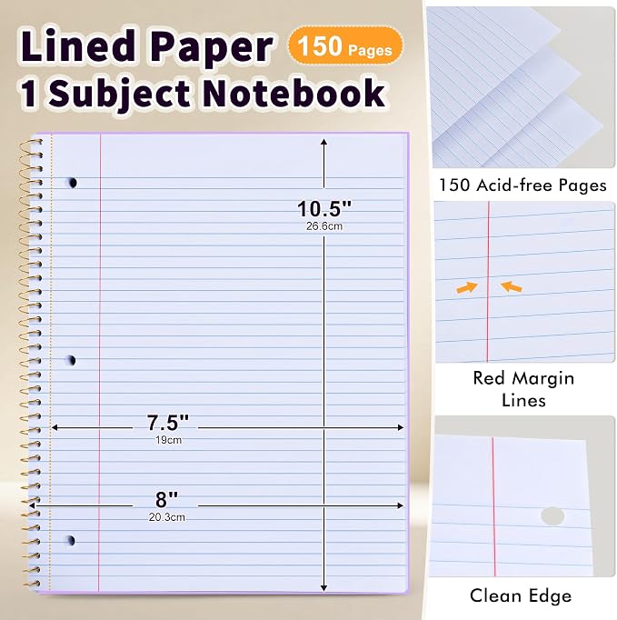 Spiral Notebook College Ruled Paper 8" x 10-1/2", 1 Subject Spiral Notebook 80GSM Paper, 3-Hole Punched Perforated Pages Ideal for School, Office, Writing, 75 Sheets Lined Journaling Notebook, Purple