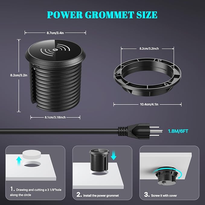 XBA PD 20W USB C Desk Power Grommet with 15W Wireless Charger Cover, Recessed Power Strip with 18W USB A and 2 AC Outlets,Hidden Power Outlets with 6FT Cords for Office, Home, Conference(Black)