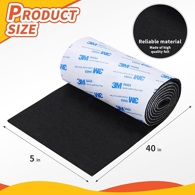Felt Furniture Pads, Non Slip Self Adhesive Cuttable Felt Tape Black Heavy Duty Felts Strip Roll for Protecting Hardwood Floors Chair Wall Protector (40 x 5 x 0.12 Inch)