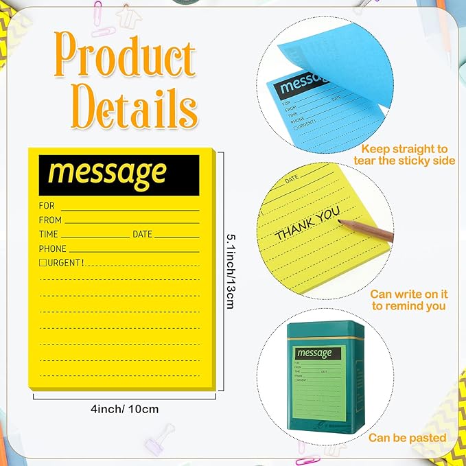 Geyee 9 Pieces Telephone Message Sticky Notes Pads 4 x 5 Inch Assorted Neon Colors Sticky Notes Urgent Self Stick Notepads for Work Call, Office Supplies, 50 Sheets/Pack(Fluorescent Colors)
