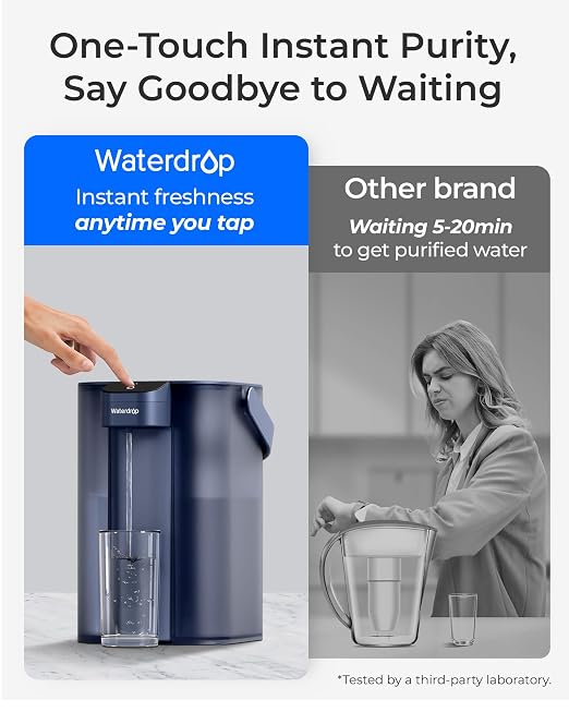 Waterdrop ED61B Rechargeable Water Filter Dispenser, 15-Cup, Blue | 200-Gallon Water Pitcher, Instant Countertop System, 10X Filtration Efficiency, Reduces 98% Chlorine and 20+ Contaminants