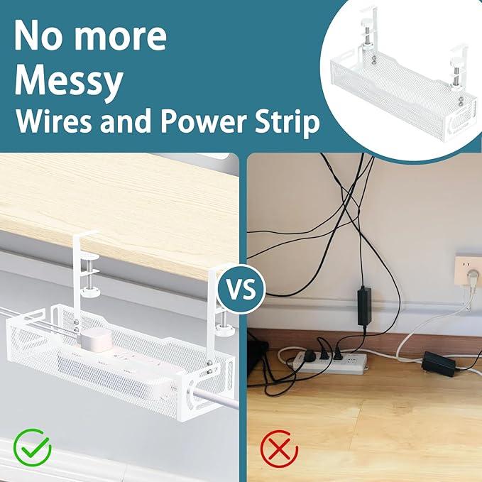2Pack Under Desk Cable Management Tray, No Drill Mesh Desk Cable Tray, Wire Management Tray Cable Management Rack, Wire Organizer and Cable Management Box (White)