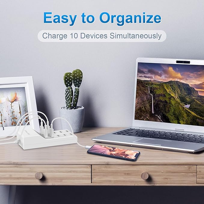 QIONMAR USB Wall Charger USB Charging Station for Multiple Devices USB Charger 10-Ports Power Hub Strip Smart Plug Charging Dock Charge Block Compatible with iPhone 15,iPod,Galaxy S Smart Phones