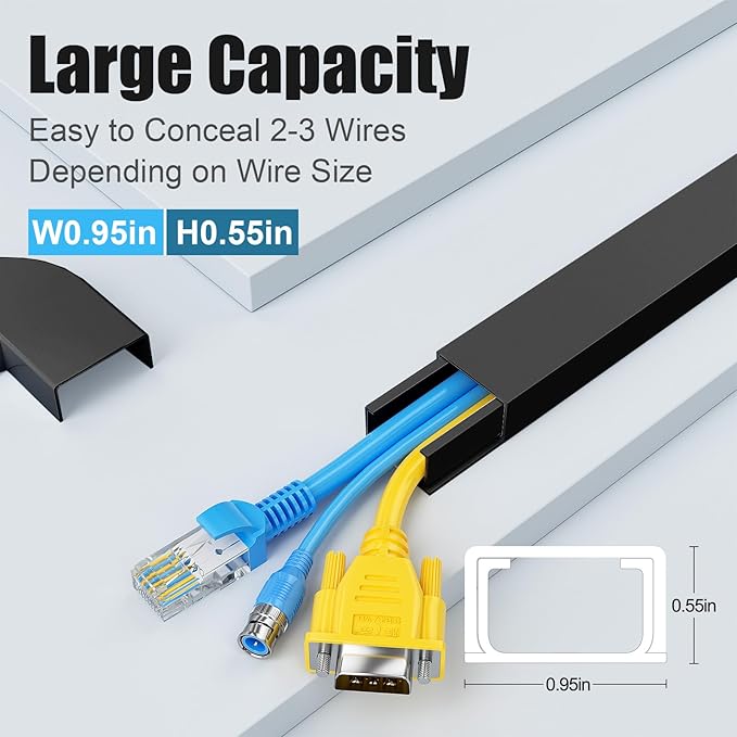 Yecaye Cord Hider, 113in Medium Cord Covers for Wires on Wall, Cord Organizer for 2-3 Wires, Easy Install Cable Management Kit, TV Cable Hider for Home Office, W0.95in H0.55in, Black