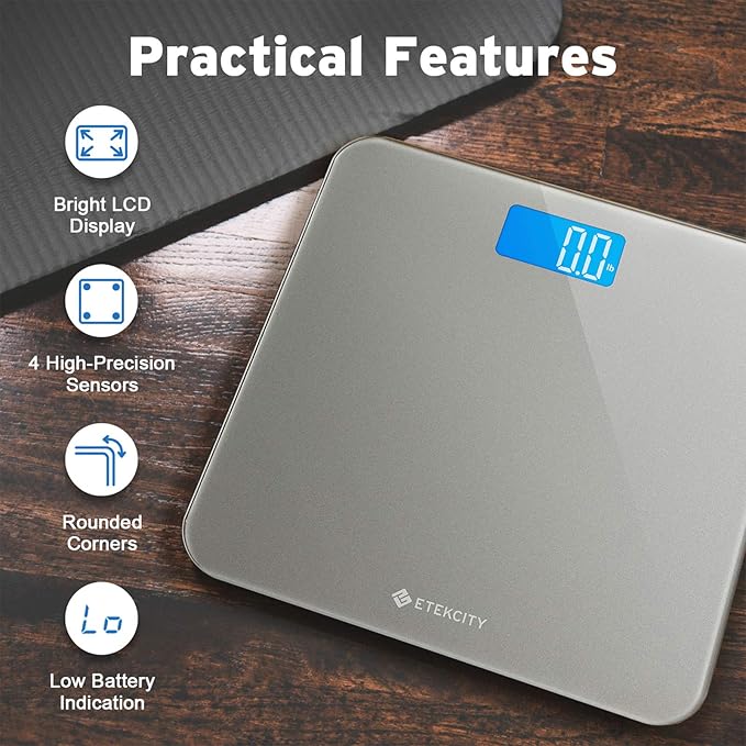 Etekcity Scale for Body Weight, Digital Bathroom Weighing Machine for People, Large and Easy-to-Read Backlight Display, Accurate with High Precision Measurements, Durable Tempered Glass, 400 lbs