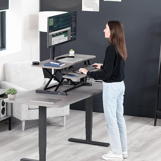 VIVO 42 inch Desk Converter, K Series, Height Adjustable Sit to Stand Riser, Dual Monitor and Laptop Workstation with Wide Keyboard Tray, Gray Top, Black Frame, DESK-V042KG