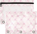 Wamika Bowknot Pink Binder Pouches 3 Ring for Boys Girls School Office College Supplies Cute Bow Ribbon Tie Pencil Pouches Case Bag with Clear Window and Zipper 2 pack