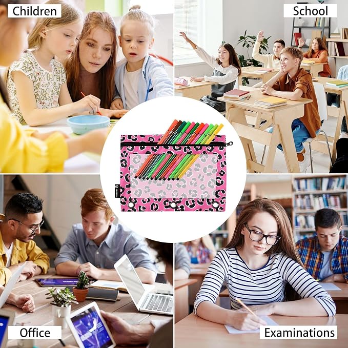 Emelivor Leopard Pink Pencil Pouch for 3 Ring Binder 2 Pack Binder Pencil Pouches Zippered Clear Pencil Case Cosmetic Bag for Storing College Office Supplies