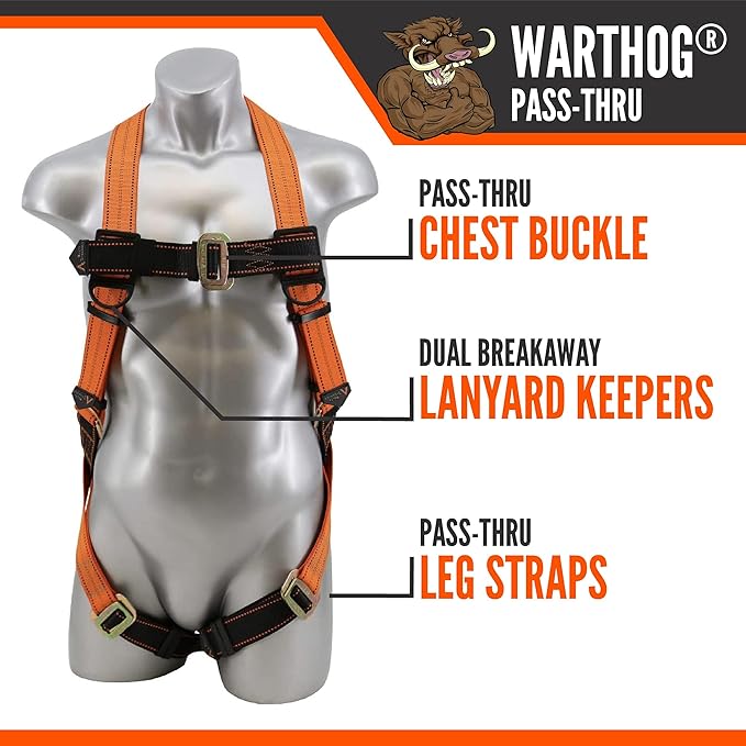 Malta Dynamics Warthog Safety Harness Fall Protection, Pass-Thru Leg Buckles, Full Body Harness - OSHA/ANSI Compliant