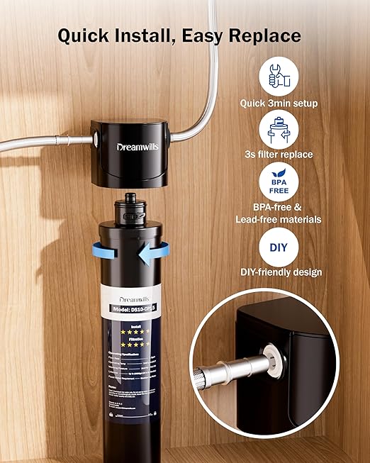 Dreamwills DS15 Under Sink Water Filter System, 1.3 GPM Direct Connect Kitchen Faucet Filtration, 3-Minute Tool-Free Install, Reduces Lead, Chlorine, Bad Taste, Retains Minerals, 2 Years