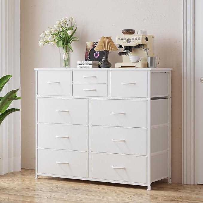 LUMTOK 10-Drawer Dresser, Fabric Storage Dressers Drawers for Bedroom, Hallway, Nursery, Closets, Steel Frame, Wood Top, Easy Pull Handle (White)