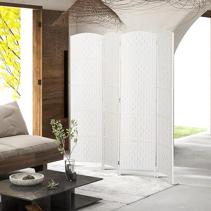 HOMCOM Room Divider, 4 Panel Folding Privacy Screen, 6FT Tall Portable Wicker Weave Partition Wall Divider for Bedroom, Home Office, White