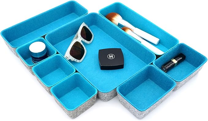 Welaxy desk drawer organizer tray felt storage bin for home office entryway catchall key holder makeup crafts pens decluttering 8-piece gift Solution (Turquoise)