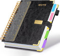 Hardcover Spiral Notebook 8''x 10'' College Ruled Notebook with Magnetic Closure, 300 Pages 5 Subject Notebooks with Pocket Dividers for Work School, B5 Leather Journal for Women, Men (Black)
