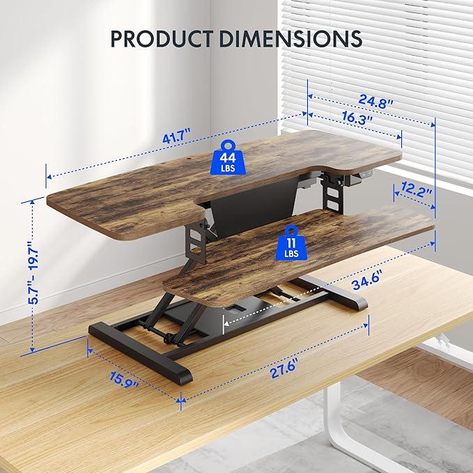 FLEXISPOT 42" Electric Standing Desk Converter Height Adjustable Desk Strong Weight Capacity Motorized Stand up Desk Riser for Office Home, Rustic Color