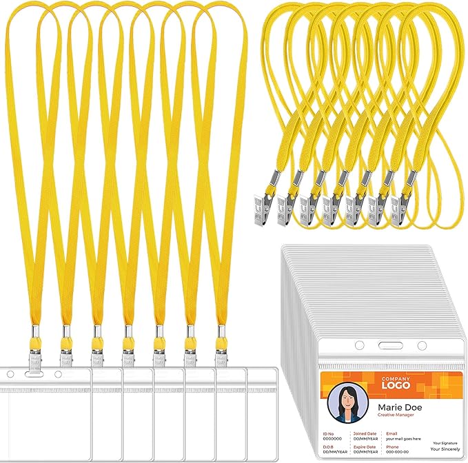 Marspark 100 Sets Clear Name Tags with Lanyard, Lanyards for ID Badges Reusable Strap with ID Holder Plastic Name Badges for Adults Business School Church Conference (Yellow)