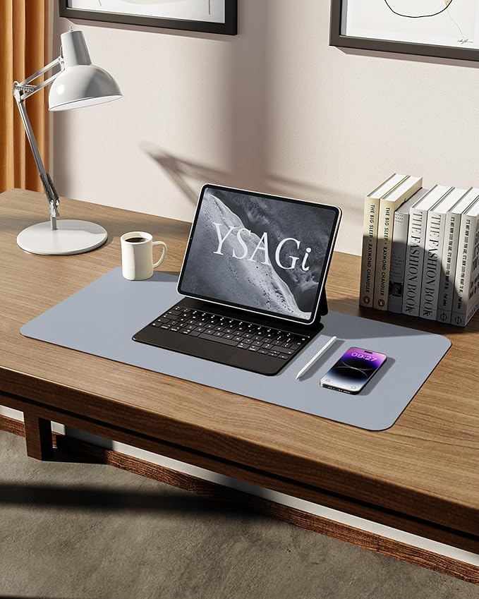 YSAGi Leather Desk Pad Protector, Office Desk Mat, Large Mouse Pad, Non-Slip PU Leather Desk Blotter, Laptop Desk Pad, Waterproof Desk Writing Pad for Office and Home (Light Grey, 23.6" x 13.8")