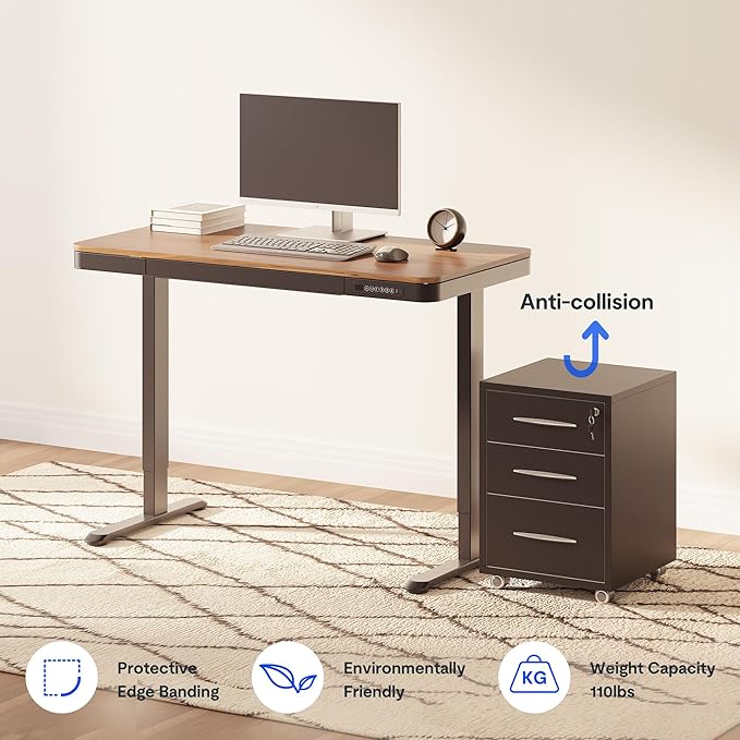 FLEXISPOT Comhar 48" Electric Standing Desk with Drawers, Quick Assembly Home Office Sit Stand Desk with Storage & USB Charging, Computer Workstation for Home Office (48" Wood, Dark Walnut/Black)