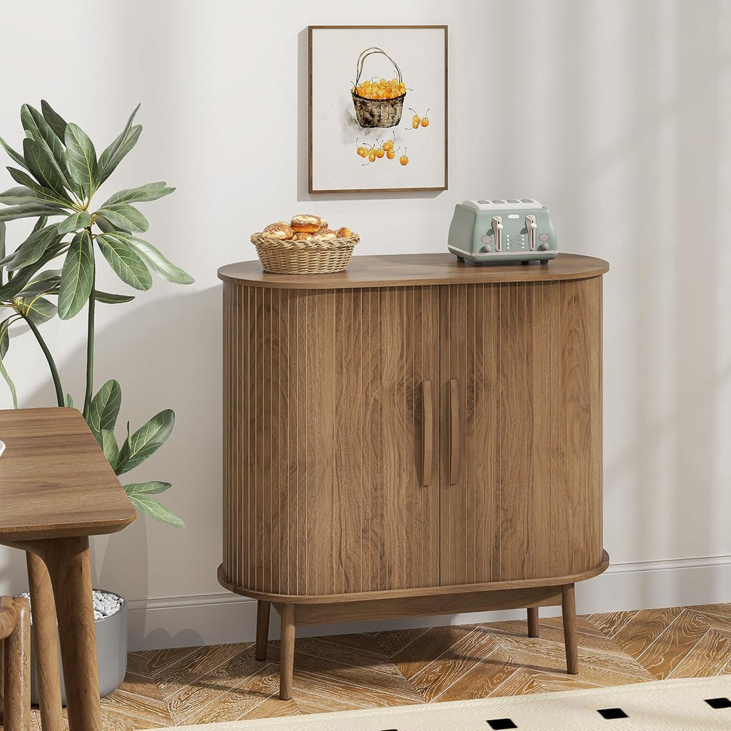 Accent Small Storage Cabine, Buffet Cabinet with Storage, Mid Century Modern Sliding Door Sideboard Cabinet for Kitchen, Entryway (Walnut)