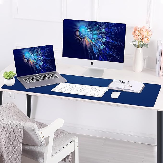 Leather Desk pad Protector, Large Desk mat with Natural Cork & PU Leather,Mouse pad,Non-Slip Office Desk Mat,Waterproof Desk Writing Pad for Office and Home (Sapphire Blue,47in*23in)
