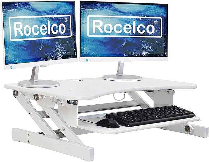 Rocelco 37.5" Deluxe Height Adjustable Standing Desk Converter - Quick Sit Stand Up Dual Monitor Riser - Gas Spring Assist Computer Workstation - Large Retractable Keyboard Tray - White (R DADRW)