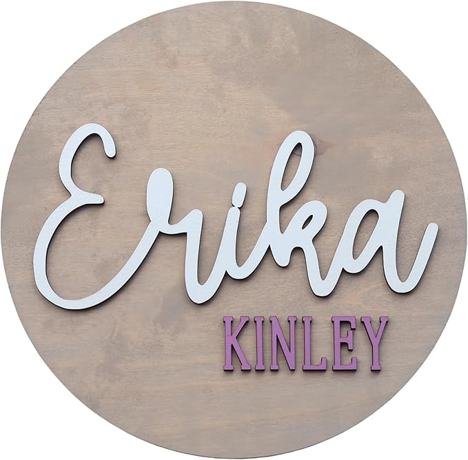 Custom Round Nusery Name Sign, Personalized 3D Baby Name Announcement Sign, Personalized Wooden Wall Plaque, 3D Wall Art for Children & Kids Rooms, Family Name Signs, 30 Colors (Design 8)