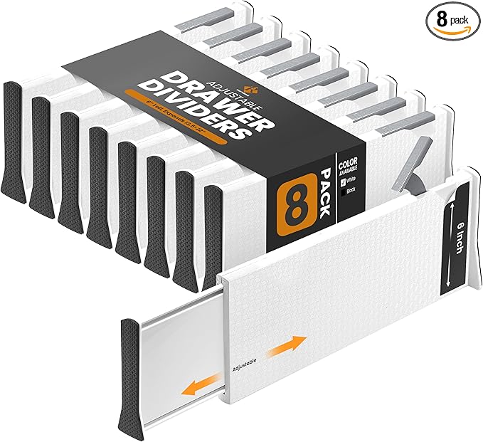 RAPTUROUS Adjustable Deep Drawer Divider – 6" Tall, Expandable 13-22", 8-Pack, Non-Slip Drawer Dividers for Clothes, Dresser, Kitchen & Office Organization (White)
