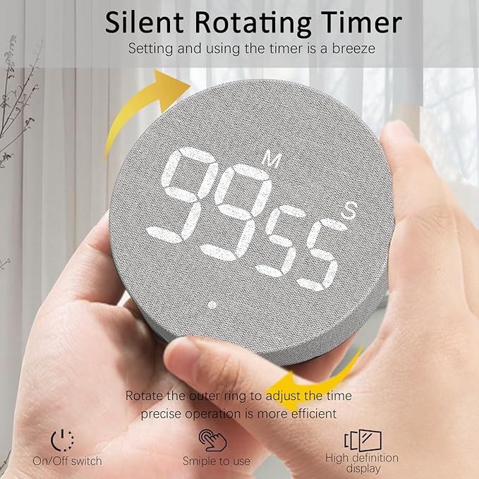 AVINIA Desk Timer for Productivity Magnetic Digital Kitchen Timer Rechargeable Fabric Mesh Cover 99 Mins Countdown/Count Up Stylish Efficana Konah Home Timmer for Cooking (Fabric Gray)