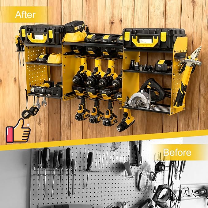 Power Tool Organizer Wall Mount with Charging Station, Heavy Duty Metal Cordless Drill Holder, Garage Tool Storage Battery Rack with 8 Outlet, Gift for Men Husband Dad Birthday Anniversary Yellow