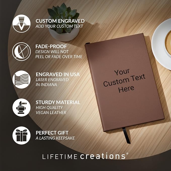 Lifetime Creations Customized Create Your Own Notebook Journal (Dark Brown) - Personalized Hardcover Vegan Leather Journaling Notebooks, Business Gift for Women, Men, Teachers, Professionals