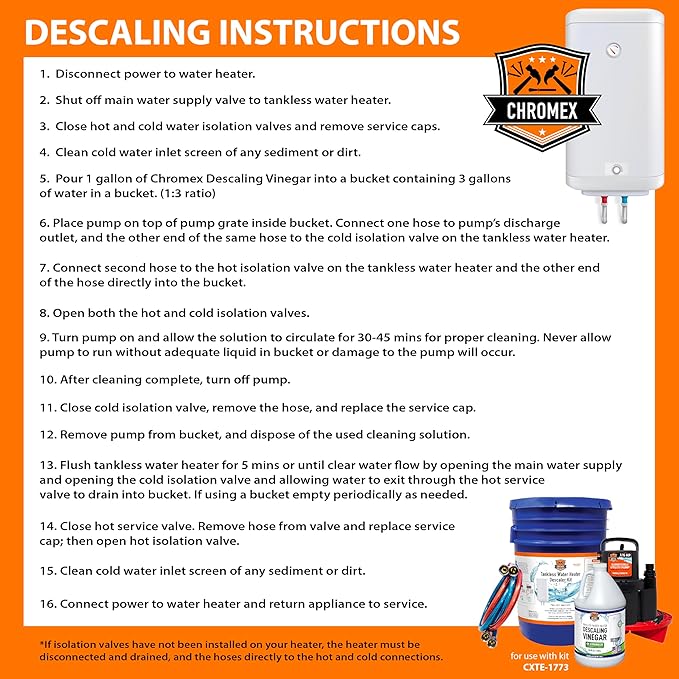Chromex Tankless Water Heater Flush Kit with Concentrated Vinegar, Dilutes to 4 Gallons and 1/6HP Extra Strength Pump
