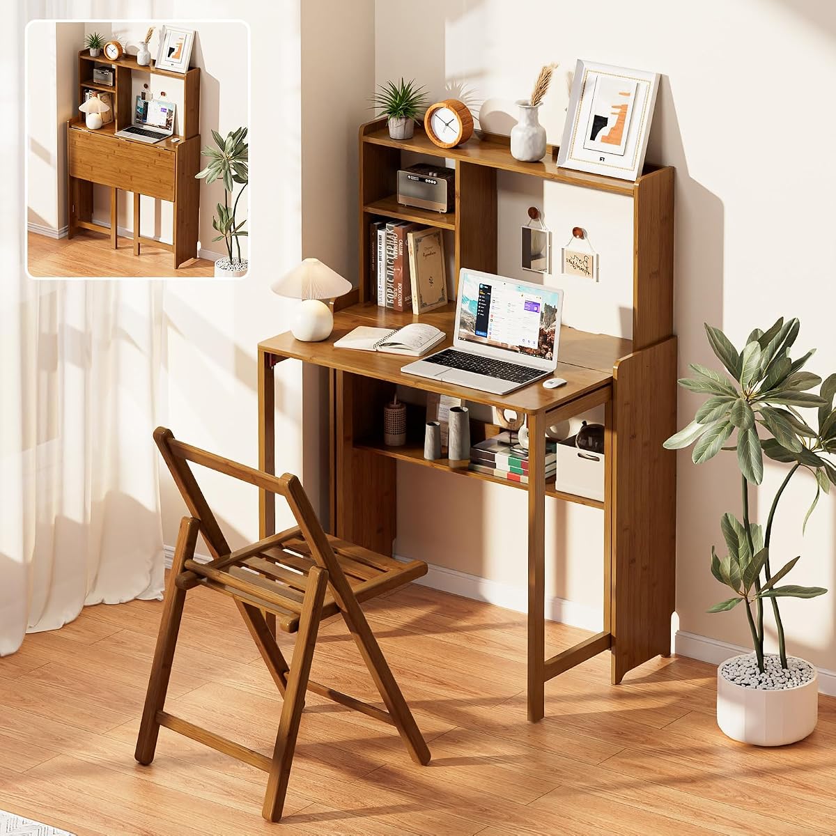 Folding Desk with Bookshelf, Compact Foldable Desk for Small Spaces,Brown