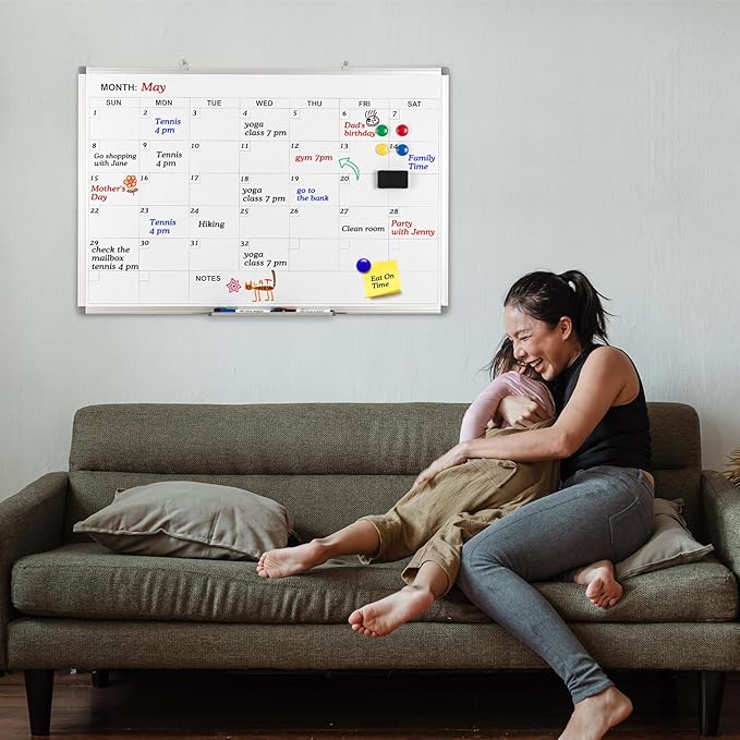 Comix Magnetic Dry Erase Calendar Whiteboard, 36 x 24 Inches Monthly Calendar Dry Erase Board for Wall, Aluminum Frame Planner White Board with Dry Erase Markers, Eraser, Magnets