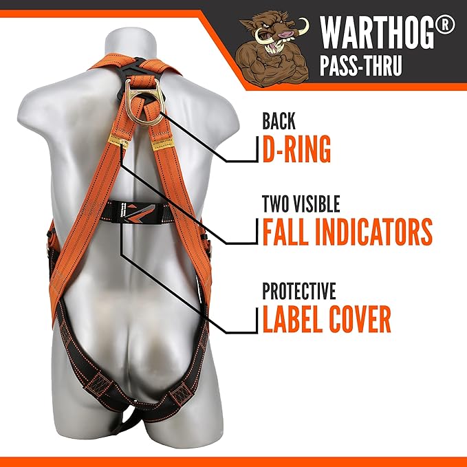Malta Dynamics Warthog Safety Harness Fall Protection, Pass-Thru Leg Buckles, Full Body Harness - OSHA/ANSI Compliant