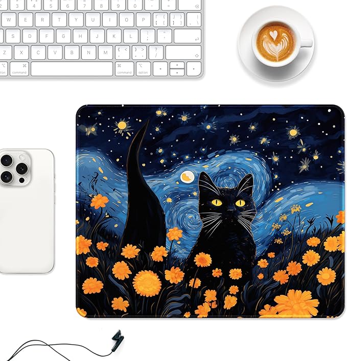 Auhoahsil Mouse Pad, 12 x 10 in Van Gogh Style Cat Theme Computer Mouse Pad for Desk, Premium-Textured Non-Slip Rubber Stitched Edges Waterproof Square Mouse Mat for Gaming Work Wireless Mice