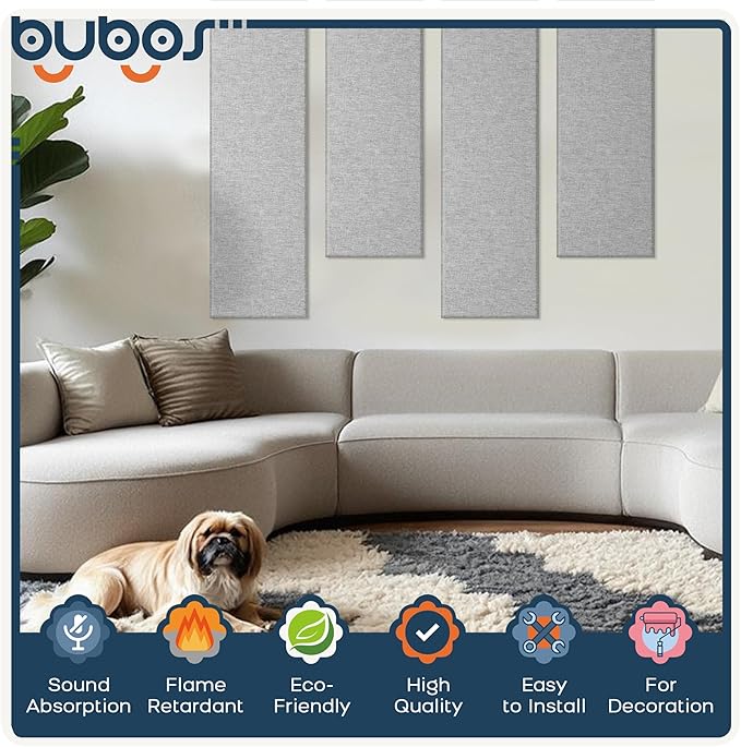 BUBOS 2 PCS Acoustic Panels,47.2''x11.8'' Fabric Soundproof Wall Panels,Self-adhesive Sound Absorbing Panels for Studios, Office, Home Theater, Fabric-Clad-N Light Grey