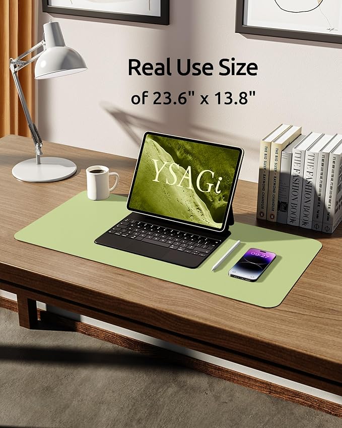 YSAGi Leather Desk Pad Protector, Office Desk Mat, Large Mouse Pad, Non-Slip PU Leather Desk Blotter, Laptop Desk Pad, Waterproof Desk Writing Pad for Office and Home (Peak Green, 23.6" x 13.8")
