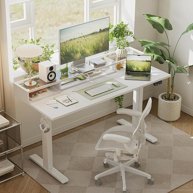 Agilestic Glass Standing Desk with Storage, 48 Inch Electric Adjustable Desk with Glass Shelf, Sit Stand Up Home Office Computer Table, Splice Board, White
