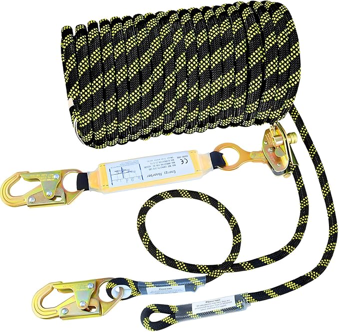 150FT Vertical Lifeline Assembly, Heavy Duty Fall Protection Safety Rope with Rope Grab, Steel Snap Hooks & Shock Absorber, Industrial Tower Climbing Safety Line Kit, ANSI CE